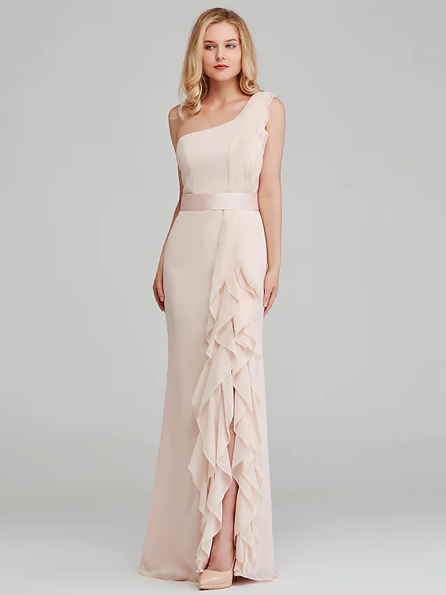 Schulterlanges Chiffon-Brautjungfernkleid mit kaskadierenden Rüschen