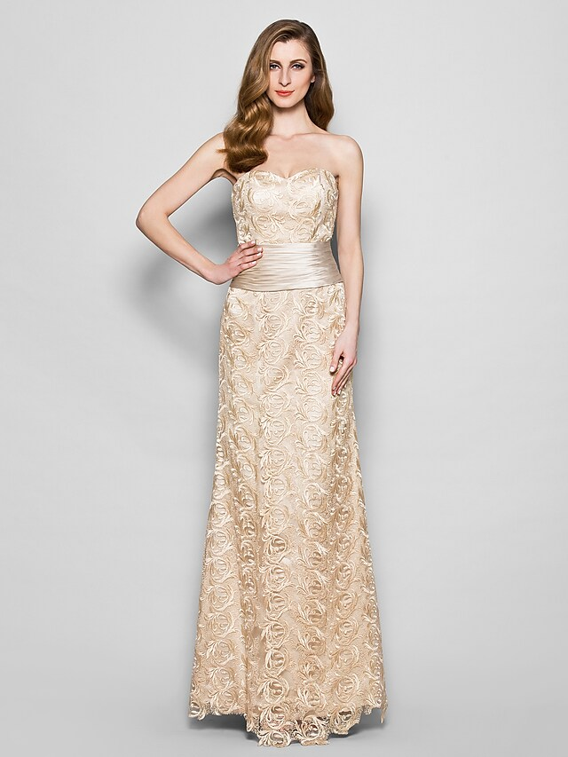 Mother of the Bride Dress Wrap Included Sweetheart Neckline Floor Length Lace Satin 3/4 Length Sleeve with Sash  Ribbon Ruched