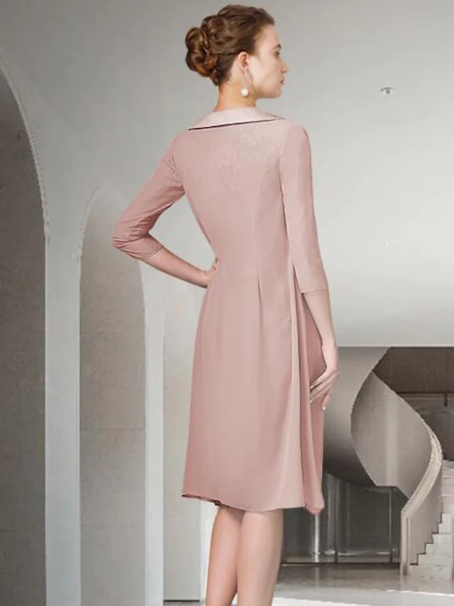 Mother of the Bride Dress Elegant Jewel Neck Knee Length Chiffon Lace Half Sleeve with Ruched Appliques