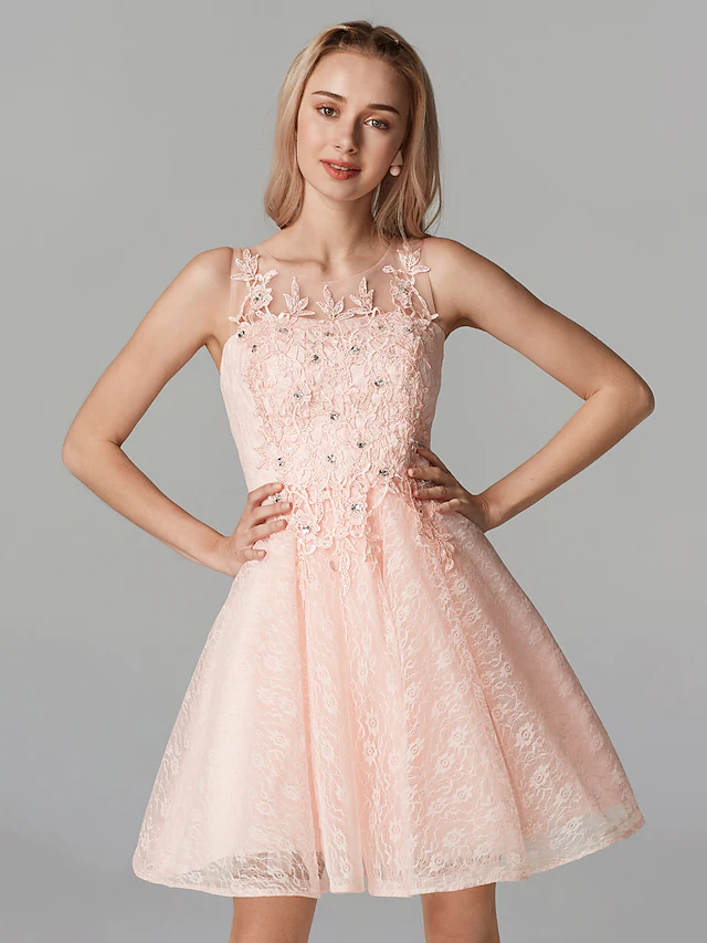 A-Line Sparkle Homecoming Cocktail Party Dress Pink Illusion Neck Sleeveless Short  Mini Tulle Floral Lace with Sequin Appliques
