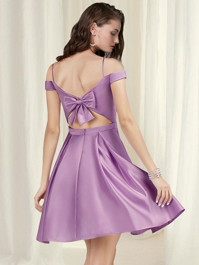 A-Line Reformation Amante Minimalist Homecoming Party Wear Dress Off Shoulder Sleeveless Short  Mini Satin with Pleats