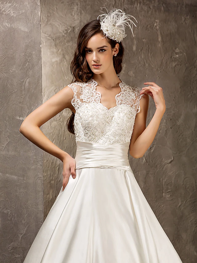 A-Line Wedding Dresses Queen Anne  Lace Satin Sleeveless See-Through with Sash  Ribbon Beading Appliques