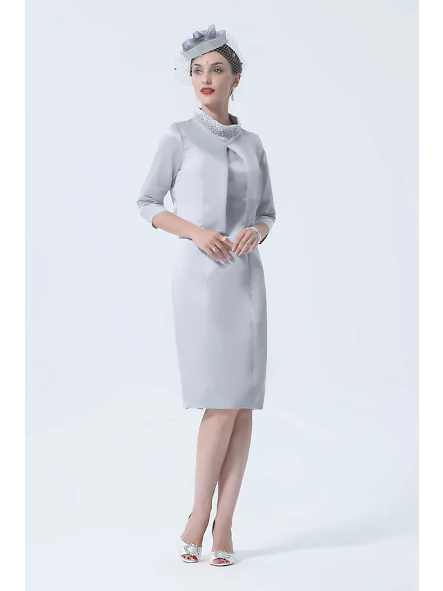 Mother of the Bride Dress Plus Size Elegant Vintage High Neck Knee Length Satin 3/4 Length Sleeve with Crystals Appliques