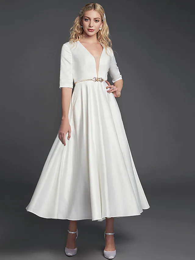 A-Line Minimalist Elegant Homecoming Cocktail Party Dress V Neck Half Sleeve Tea Length Satin with  Ribbon Pleats