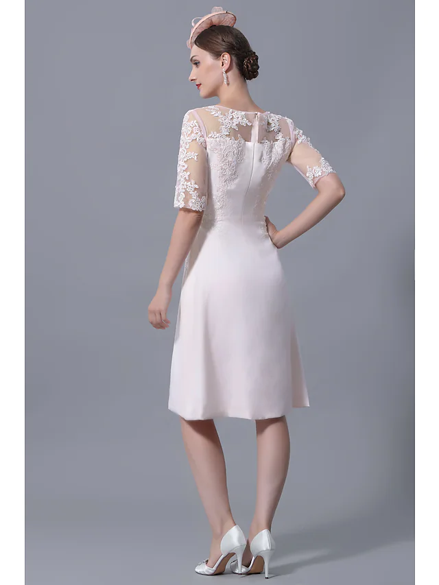 Mother of the Bride Dress Plus Size Elegant Jewel Neck Knee Length Polyester Short Sleeve with Lace