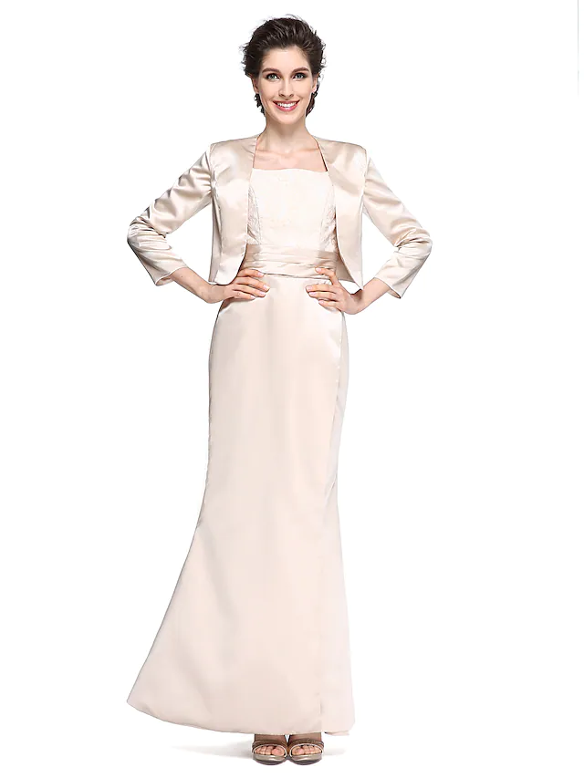 Mother of the Bride Dress Elegant Square Neck Ankle Length Satin  Length Sleeve with Lace Ruched