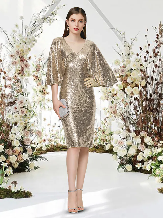 Glittering Sparkle Graduation Cocktail Party Dress V Neck Half Sleeve Knee Length Sequined with Sleek