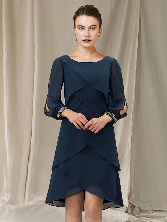 A-Line Mother of the Bride Dress Elegant Jewel Neck Asymmetrical Short  Mini Chiffon Short Sleeve with Ruffles