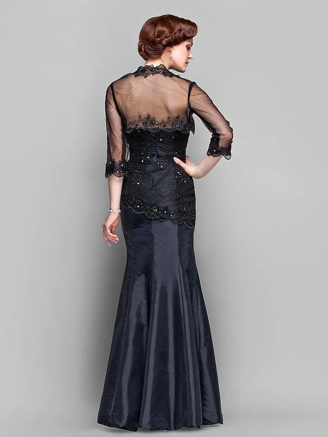 Kleid für die Brautmutter, inklusive Wickel, herzförmiger Ausschnitt, bodenlang, Taft, Tüll, lange Ärmel mit Spitze, gerüschte Perlen