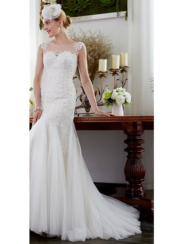 Brautkleider mit Illusionsausschnitt, Hofschleppe, ärmellos, Tüll, Glitzer und Glanz mit Perlenapplikationen