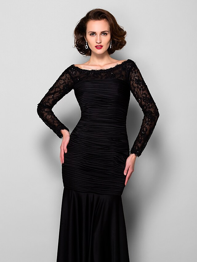 Mother of the Bride Dress Beautiful Back Jewel Neck  Lace Jersey Long Sleeve with Lace Ruched Beading