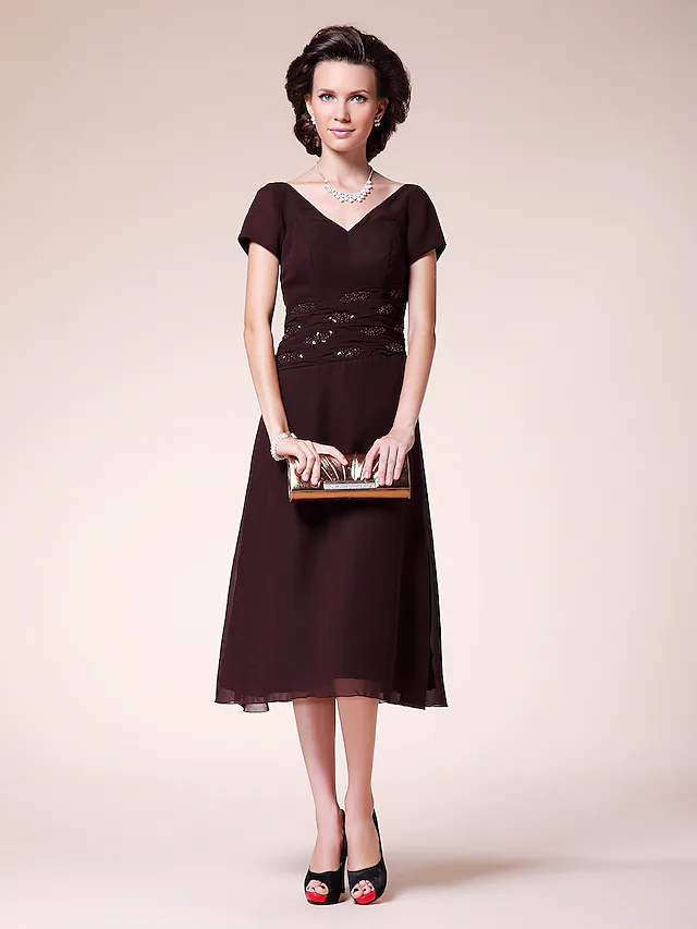 Ball Gown Cocktail Party Wedding Party Dress V Neck Short Sleeve Tea Length Chiffon with Ruched Beading