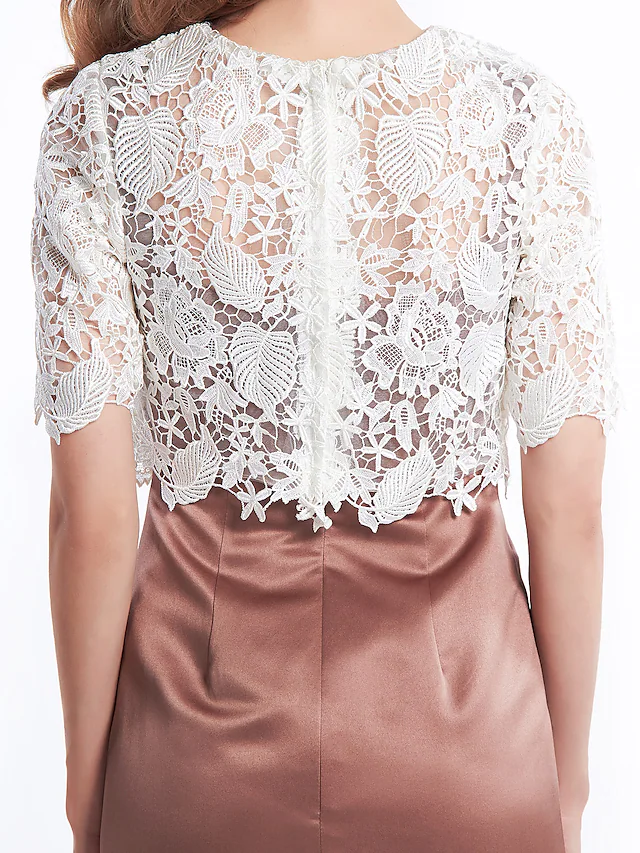 Mother of the Bride Dress Convertible Dress Bateau Neck Short  Mini Lace Satin Half Sleeve with Lace