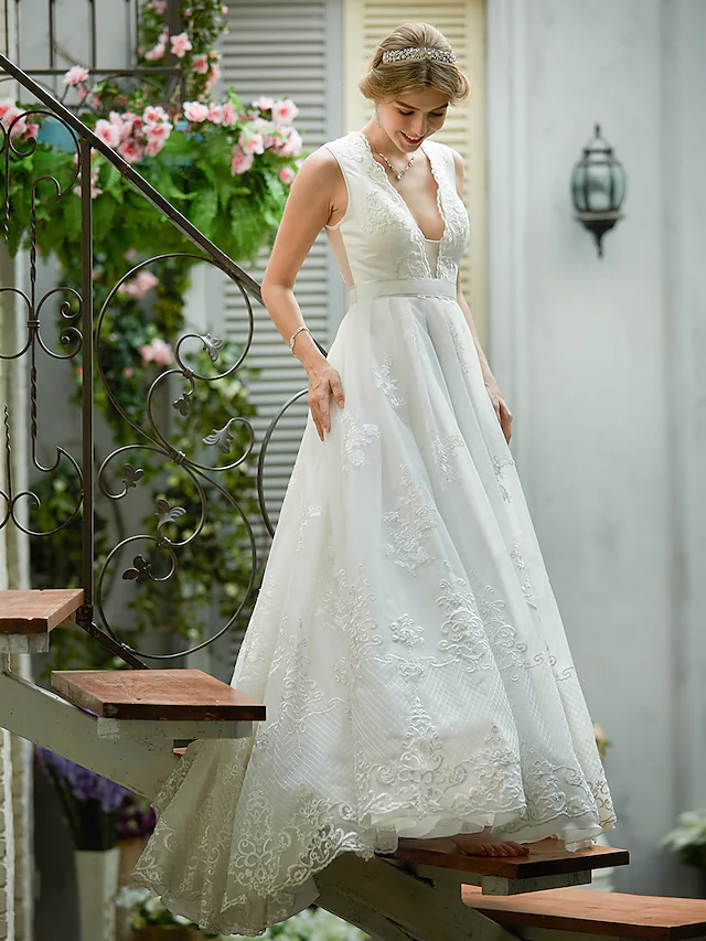 A-Line Wedding Dresses Plunging Neck  Lace Over Tulle Sleeveless See-Through Beautiful Back Illusion Detail with Sash  Ribbon Appliques