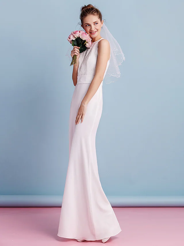 Wedding Dresses Jewel Neck Floor Length Chiffon Lace Regular Straps Floral Lace with Lace Sash  Ribbon