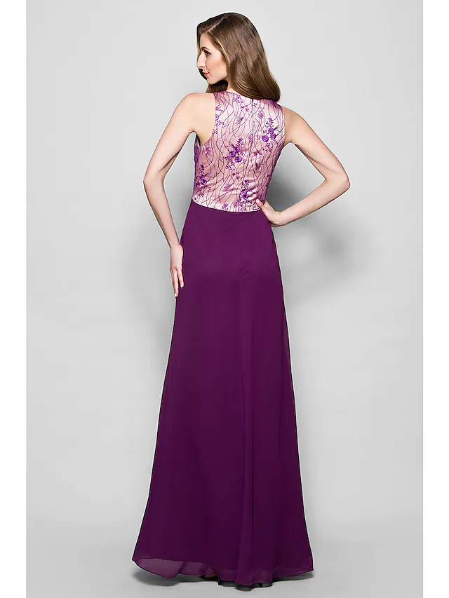 A-Linien-Kleid für die Brautmutter, Wickeldesign inklusive, V-Ausschnitt, bodenlang, Chiffon-Satin, ärmellos, mit Spitzenschleife(n)