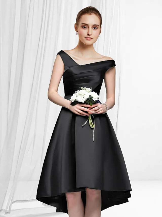 Elegant A-line off-shoulder satin cocktail dress with asymmetrical hem.