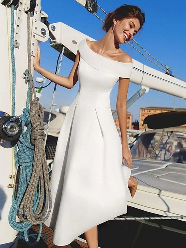 Full view of the elegant A-line off-shoulder short sleeve satin dress.