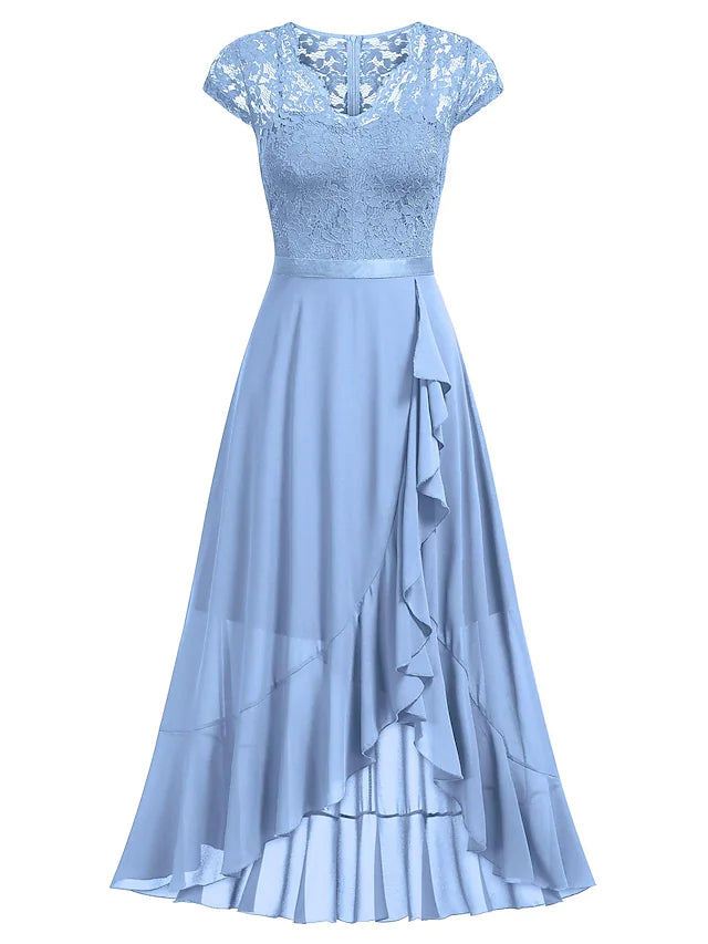 Front view of a black A-line one-shoulder cocktail dress with pleats and lace.