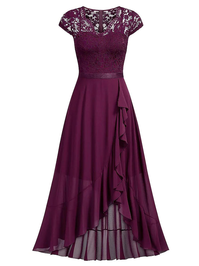 Back view of a black A-line one-shoulder cocktail dress.