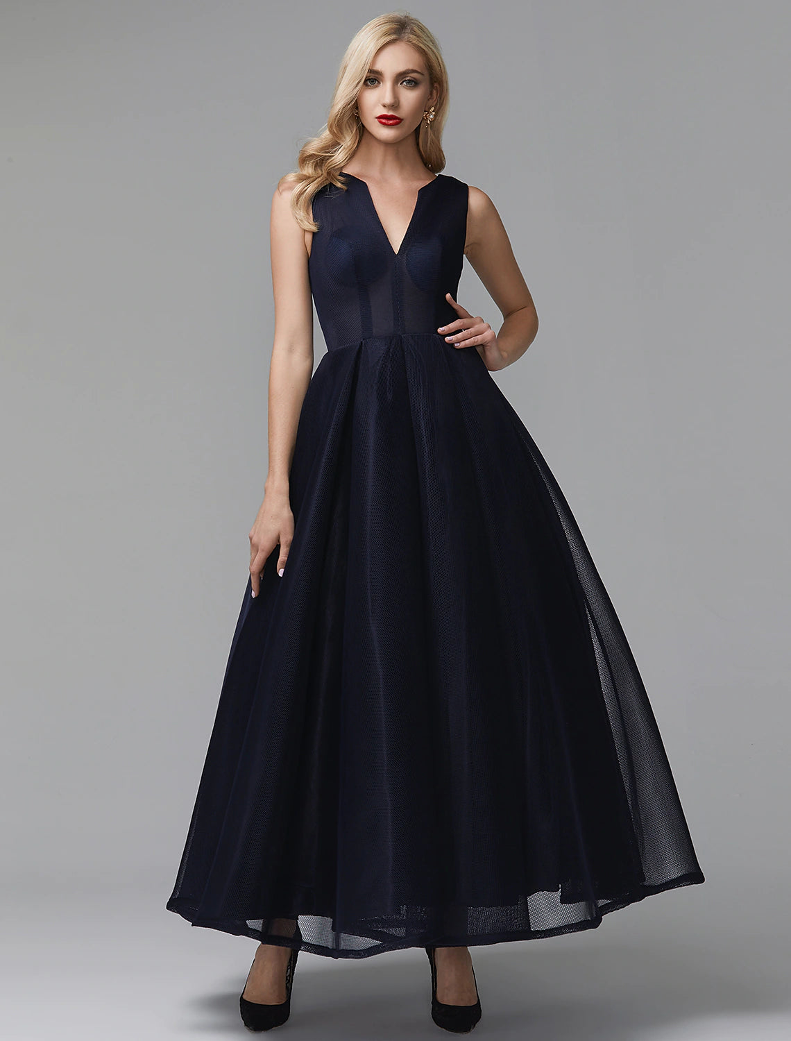 Back view of the A-Line black ankle-length dress.