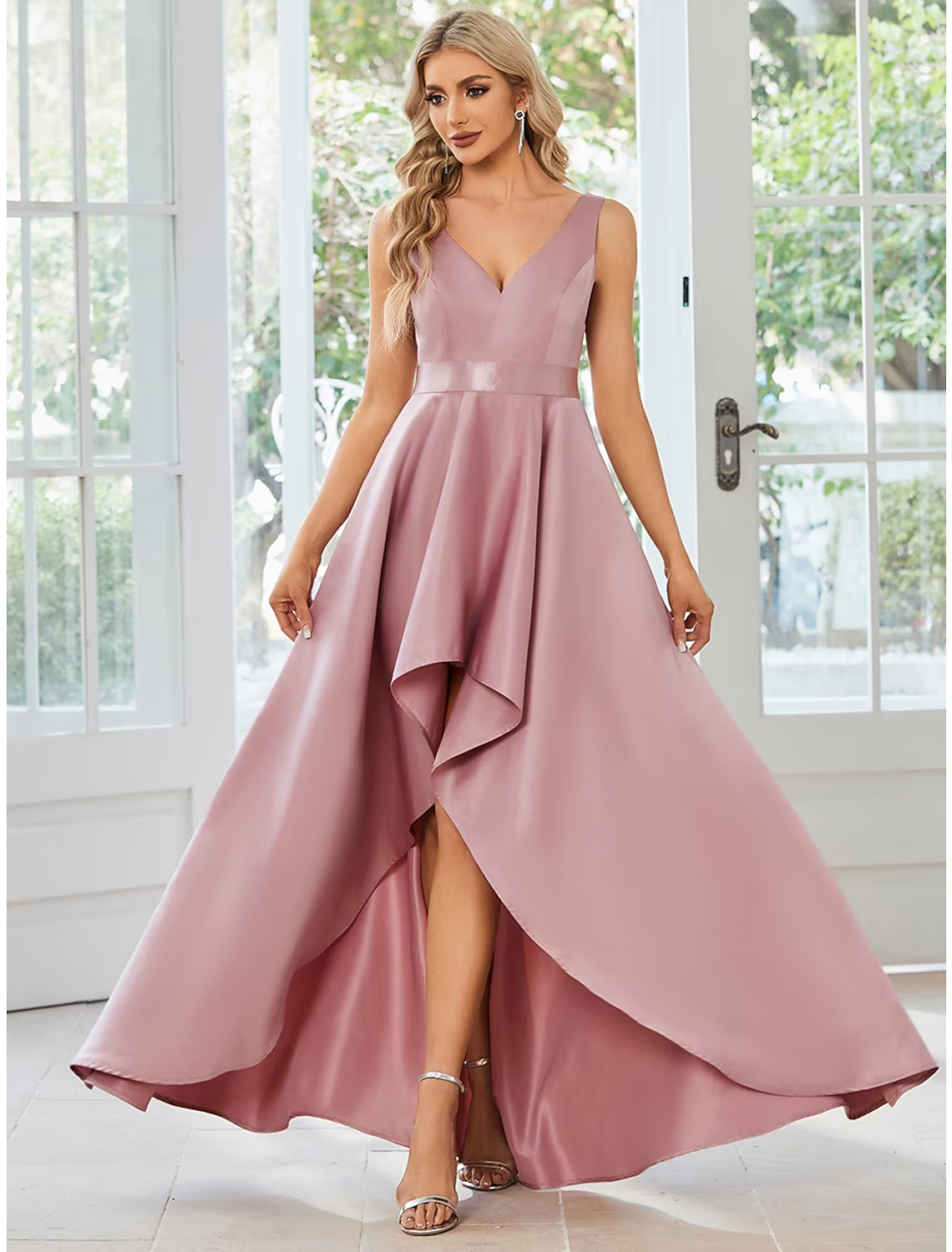 Model wearing a chic A-Line satin dress with V-neck and ruffled details.