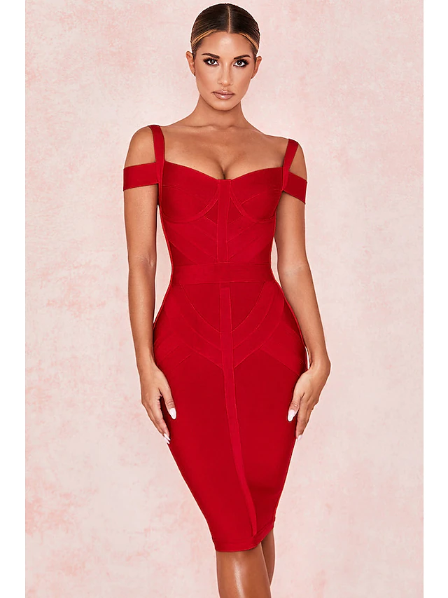 Woman wearing a chic off-shoulder knee-length sheath cocktail dress.