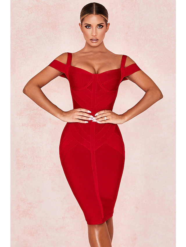 Side view of the off-shoulder spandex cocktail dress.