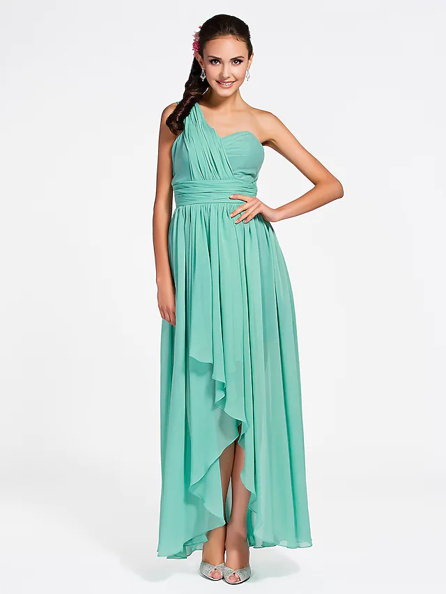Woman wearing an elegant one-shoulder sweetheart chiffon bridesmaid dress with ruched draping and an open back.