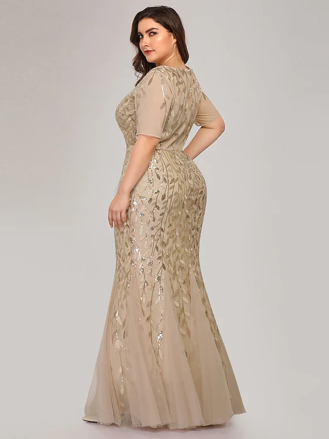 Plus Size Wedding Guest Formal Evening Dress Jewel Neck Short Sleeve Floor Length Tulle with Sequin Appliques   Illusion Sleeve