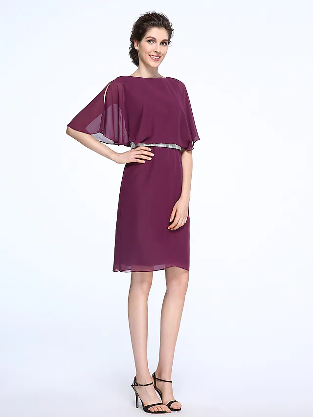Mother of the Bride Dress Elegant Bateau Neck Knee Length Chiffon Half Sleeve with Crystals