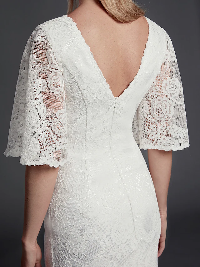 Wedding Dresses V Neck  Lace Half Sleeve Beautiful Back with Lace