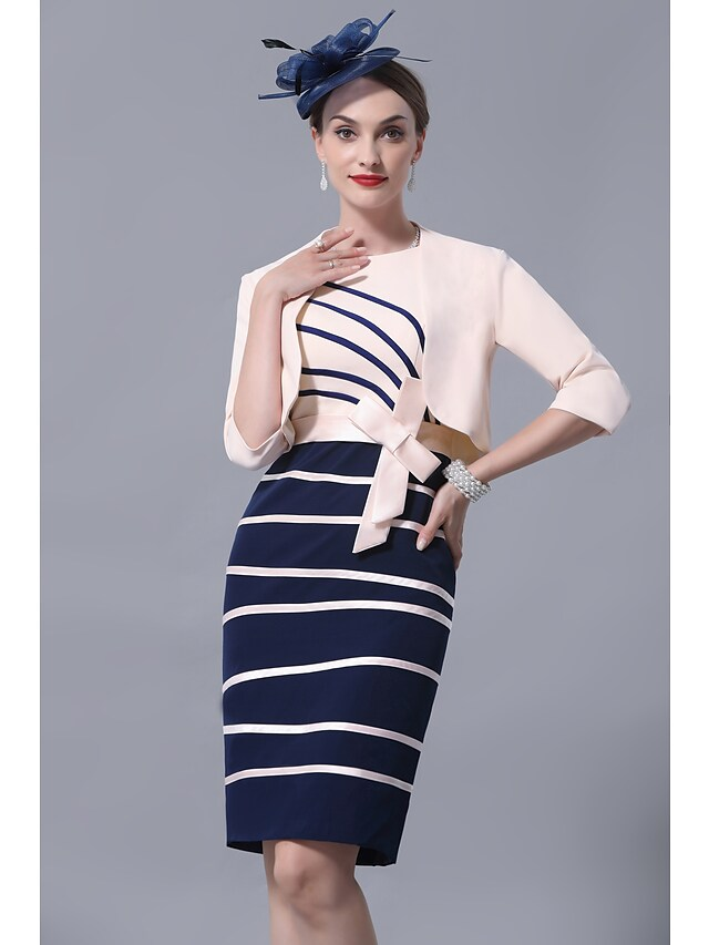 Mother of the Bride Dress Elegant Jewel Neck Knee Length Satin 3/4 Length Sleeve with Sash  Ribbon Bow(s)