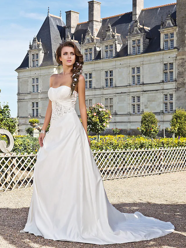 Prinzessin A-Linie Brautkleider Trägerlos Kapelle-schleppe Satin Ärmellos