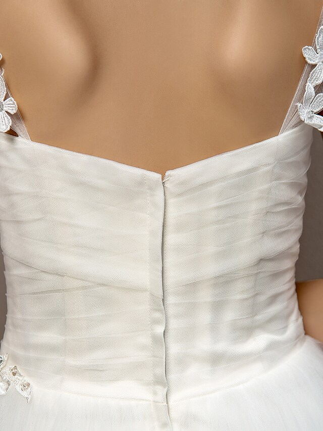 Ballkleid Brautkleider Quadratischer Ausschnitt Hofschleppe Tüll Kurzarm mit gerüschter Perlenstickerei Blume