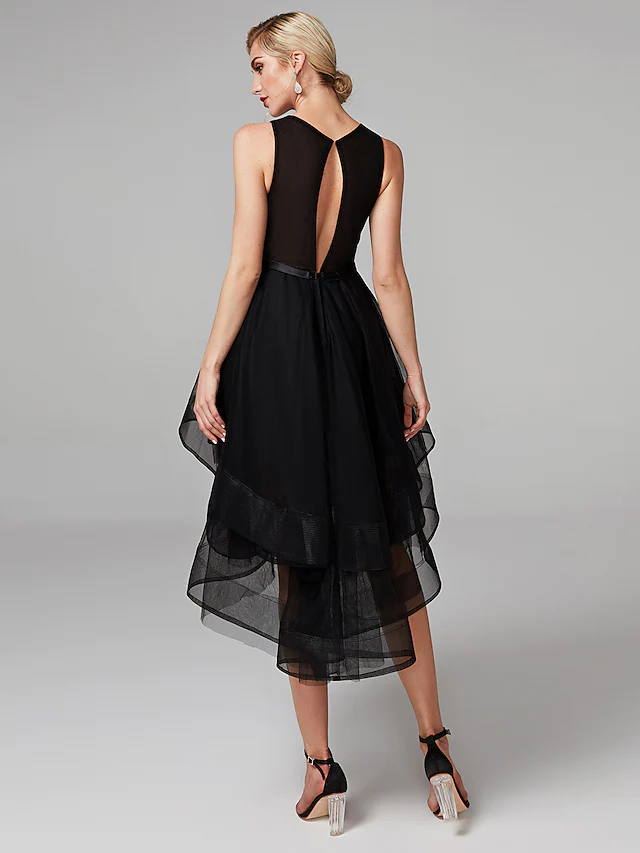 Back view of the sleeveless satin and tulle cocktail dress.
