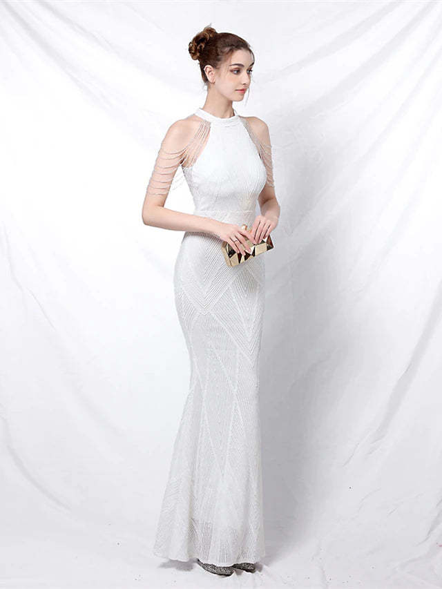 Close-up of the sequin detail on a mermaid style formal dress.