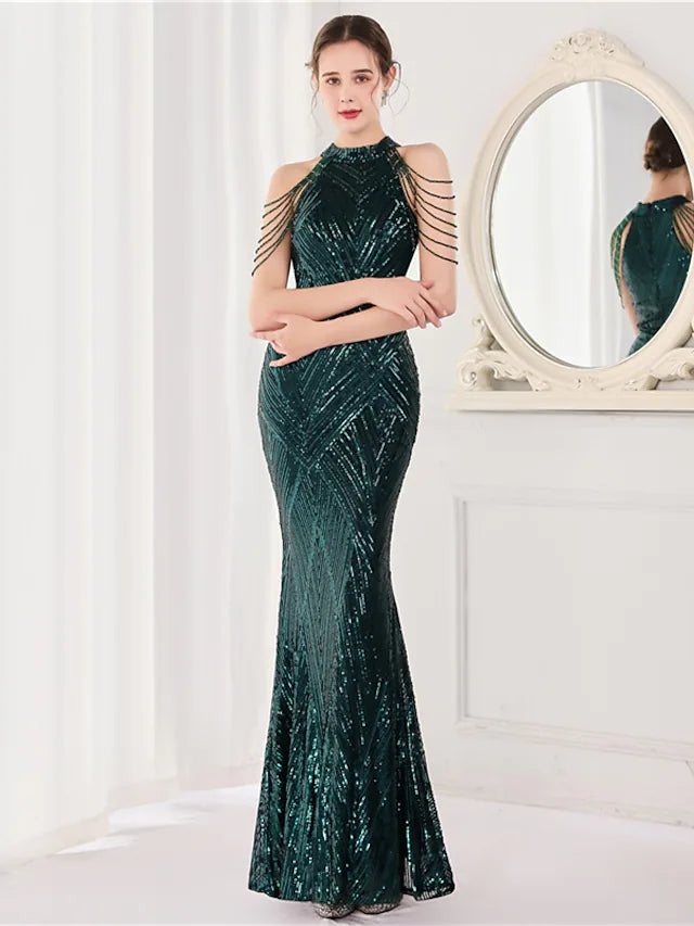 Side profile of an elegant sequined formal dress.