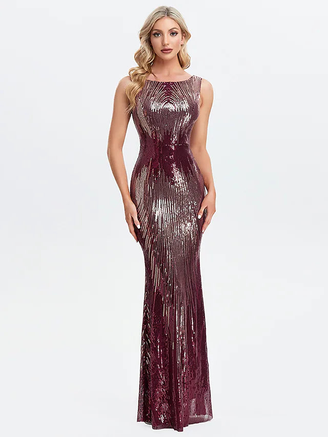 Close-up of the sequin detail on a jewel neck mermaid evening dress.