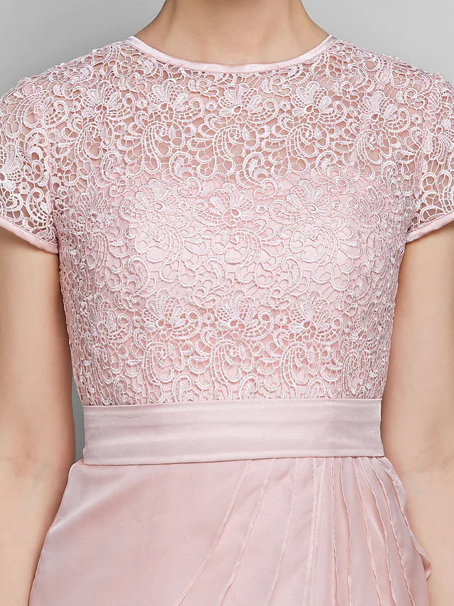 Mother of the Bride Dress Jewel Neck Floor Length Chiffon Lace Short Sleeve with Lace Ruffles