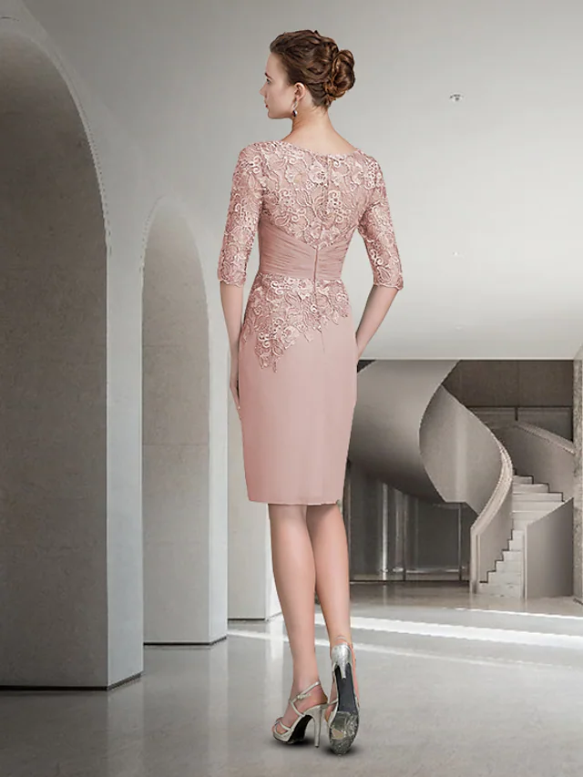 Mother of the Bride Dress Elegant Jewel Neck Knee Length Chiffon Lace Half Sleeve with Ruched Appliques