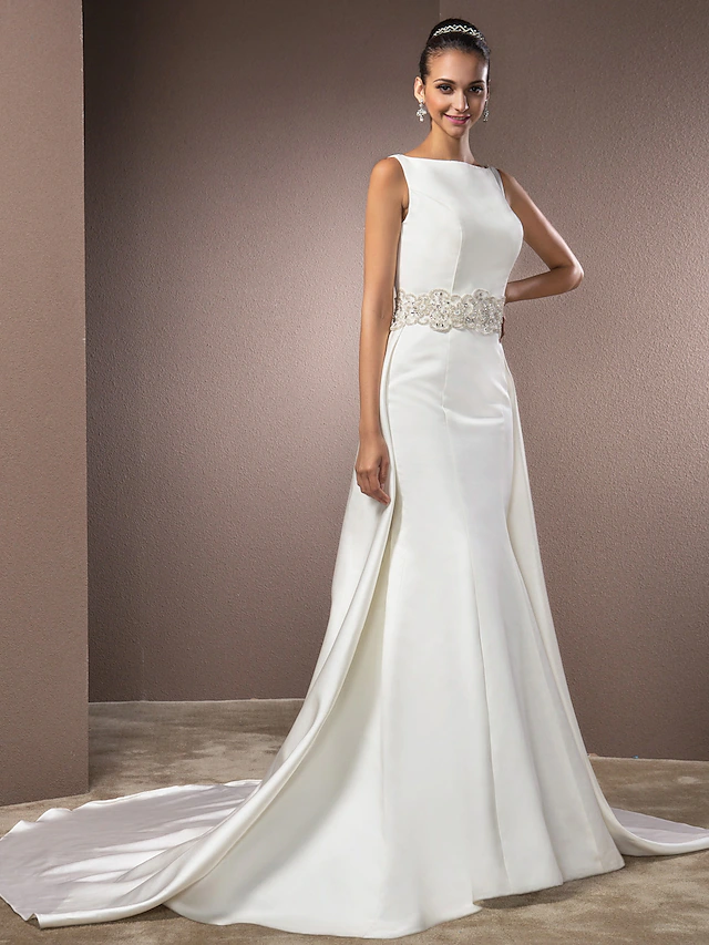 Wedding Dresses Bateau Neck Cathedral Train Satin Regular Straps Vintage Inspired with Beading
