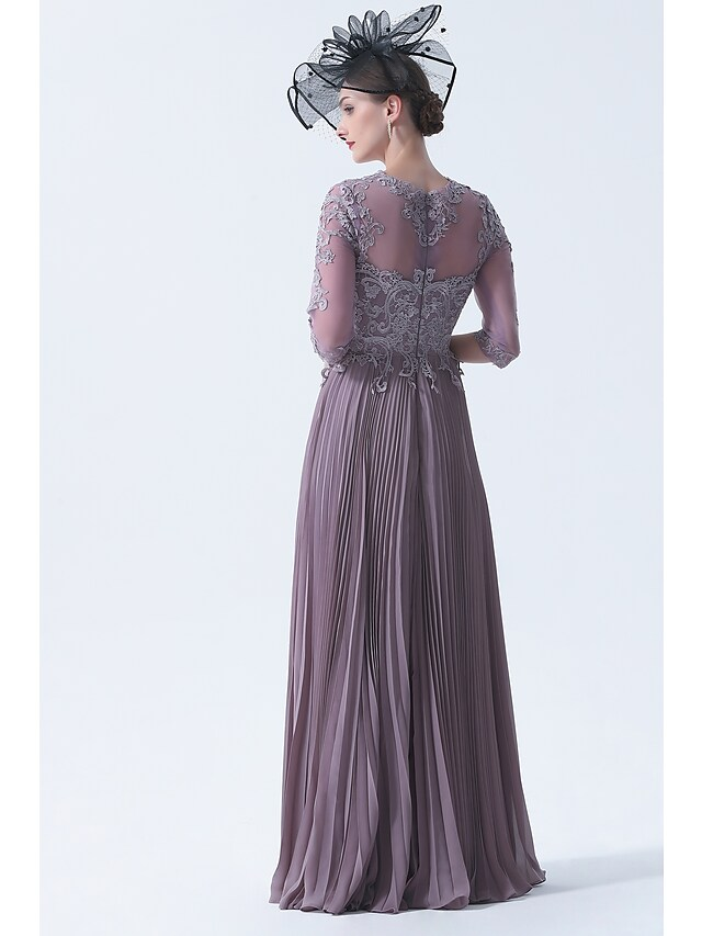 A-Linien-Kleid für die Brautmutter, Übergröße, elegant, durchsichtig, U-Boot-Ausschnitt, Chiffon, Spitze, halbe Ärmel mit Schärpenband-Applikationen