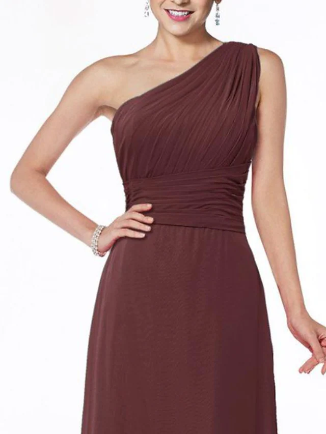 A-Linie One-Shoulder-Bodenlanges Chiffon-Brautjungfernkleid mit Rüschen