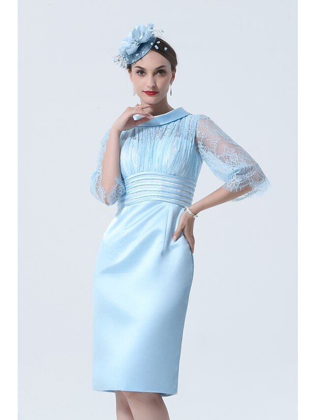 Mother of the Bride Dress See Through Jewel Neck Knee Length Charmeuse Half Sleeve with Lace Sash  Ribbon
