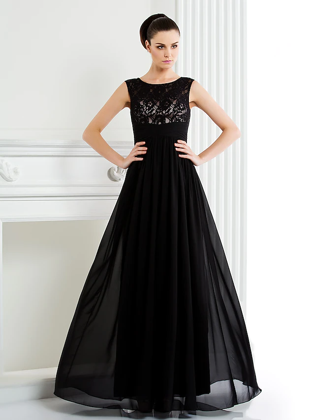 A-Linie Kleid für die Brautmutter, U-Ausschnitt, bodenlang, Chiffon, Spitze, ärmellos mit Spitze