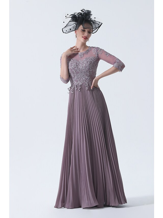 Elegant A-Line Mother of the Bride dress with bateau neck and half sleeves.