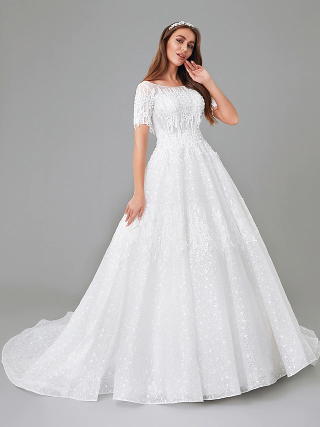 Back view of the wedding dress showcasing the court train.