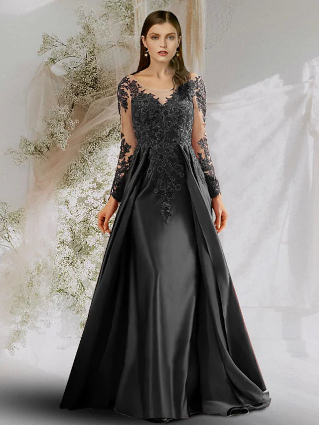 Front view of an elegant A-line satin prom dress with a boat neck and long sleeves.