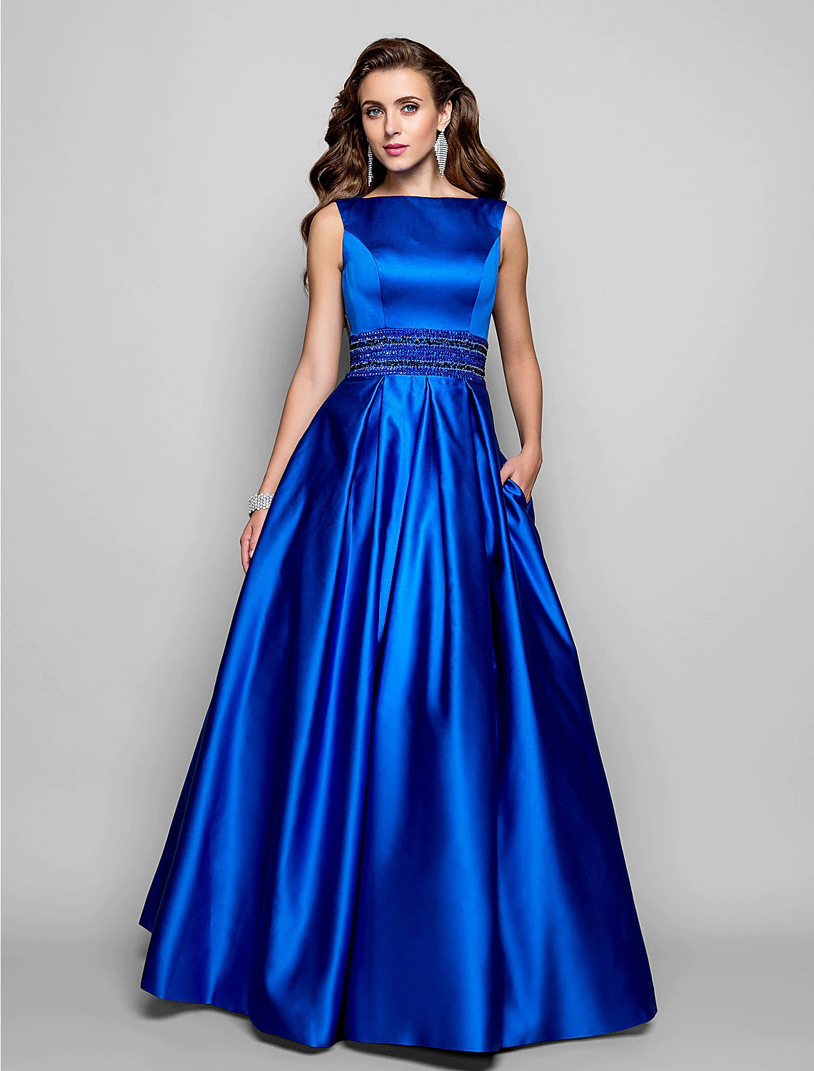 Elegant A-line satin dress with a boat neck and floor length silhouette.
